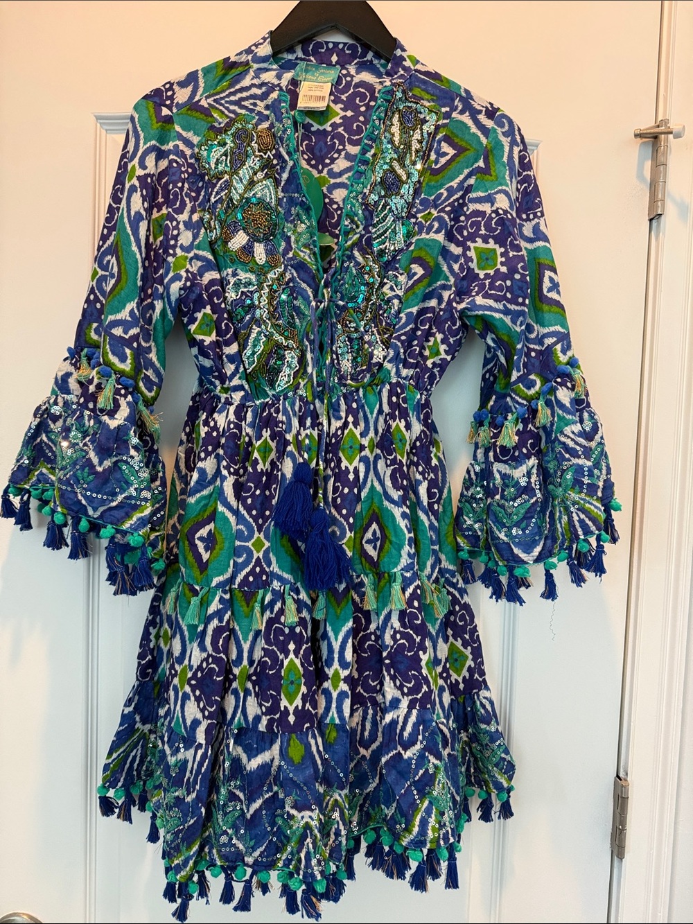 Women ‘s Blue & Green Embroidered Boho Dress with Tassels